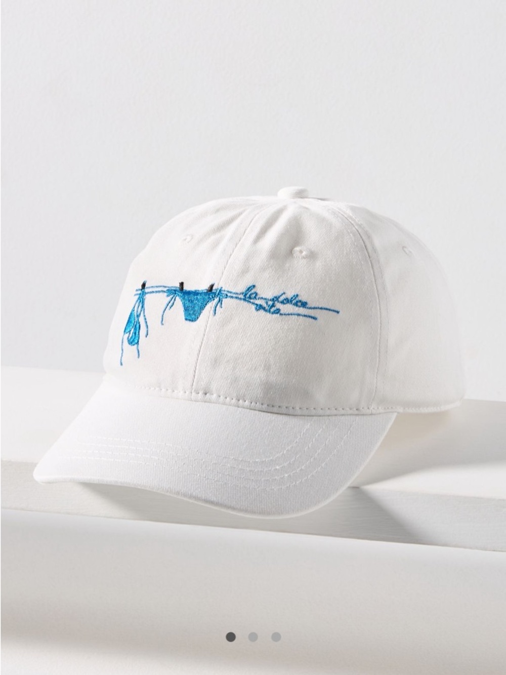 Anthropologie White Baseball Cap with Blue Swimwear Embroidery